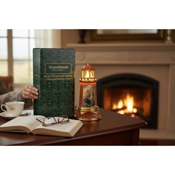 Thomas Kinkade Light of Peace Light Up Porcelain Lighthouse Figurine 2004 Vtg - Picture 1 of 16